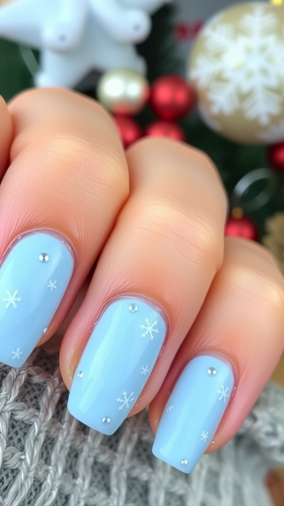 Light blue Christmas nails with snowflake designs and glitter, displayed against a festive backdrop.